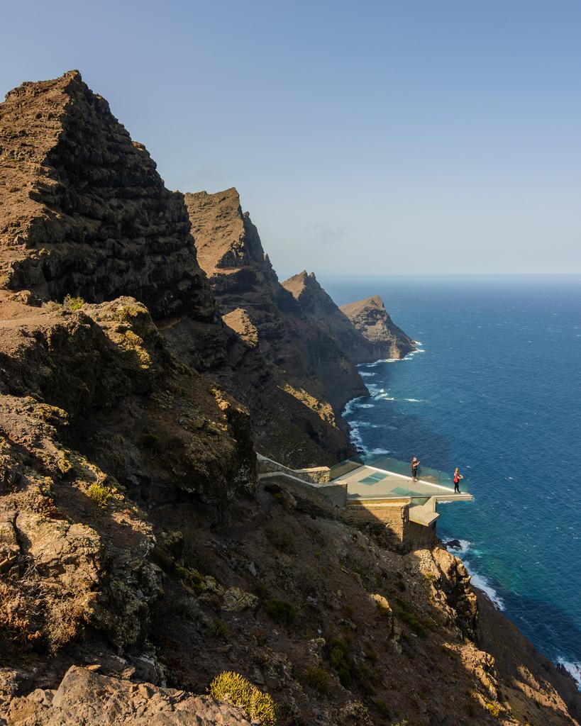 Steile Felsklippen an der Westküste Gran Canarias mit Blick auf den Atlantik. Im Vordergrund ragt eine Aussichtsplattform („Mirador del Balcón“) spektakulär über den Abgrund hinaus, auf der zwei Personen stehen. Darunter brechen die Wellen des Meeres an der felsigen Küste, während sich die zerklüfteten Klippen in die Ferne ziehen.